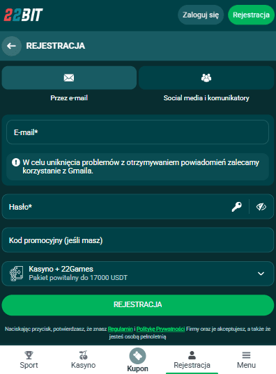 Rejestracja w 22BIT — konto w mniej niż minutę